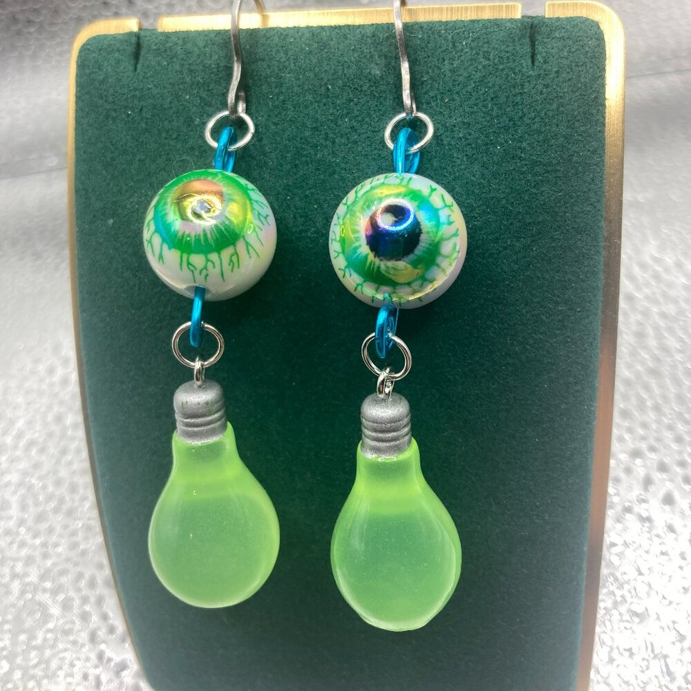 Handmade Green Eyeball and Lightbulb Earrings